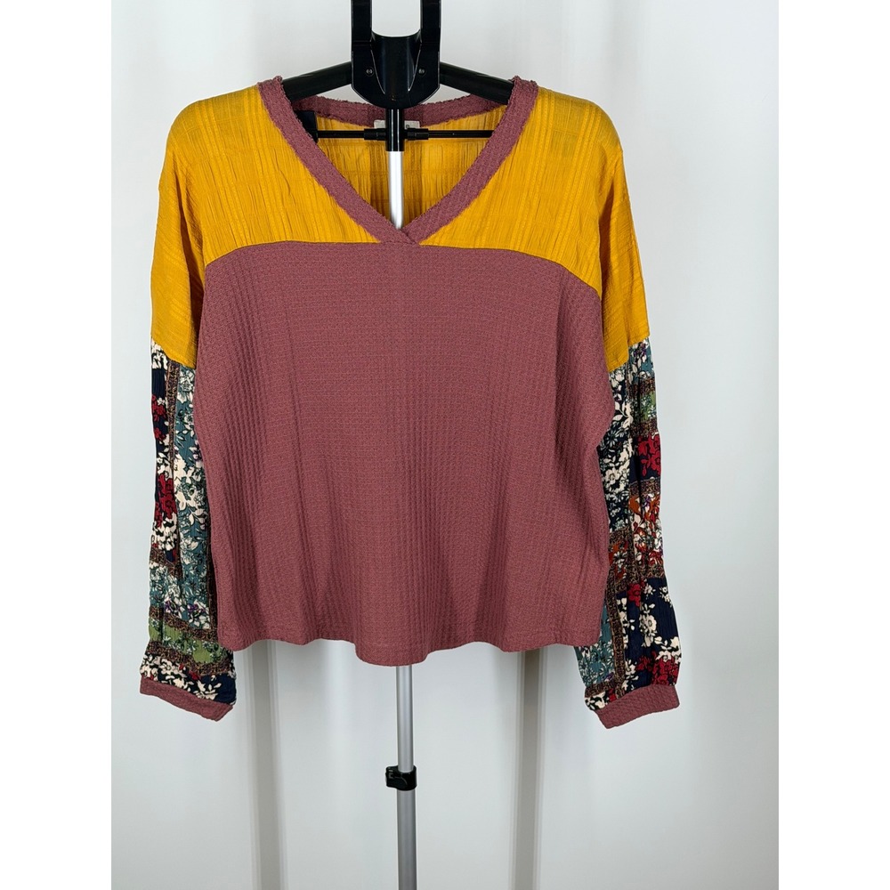Umgee USA Waffle Knit Floral Mixed Media Top V-Neck Mustard Rose Boho Medium